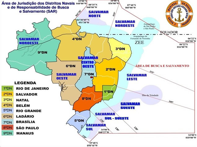 Procura Que Acha | SAR - Área de atuação do SALVAMAR e respectivos Distritos Navais